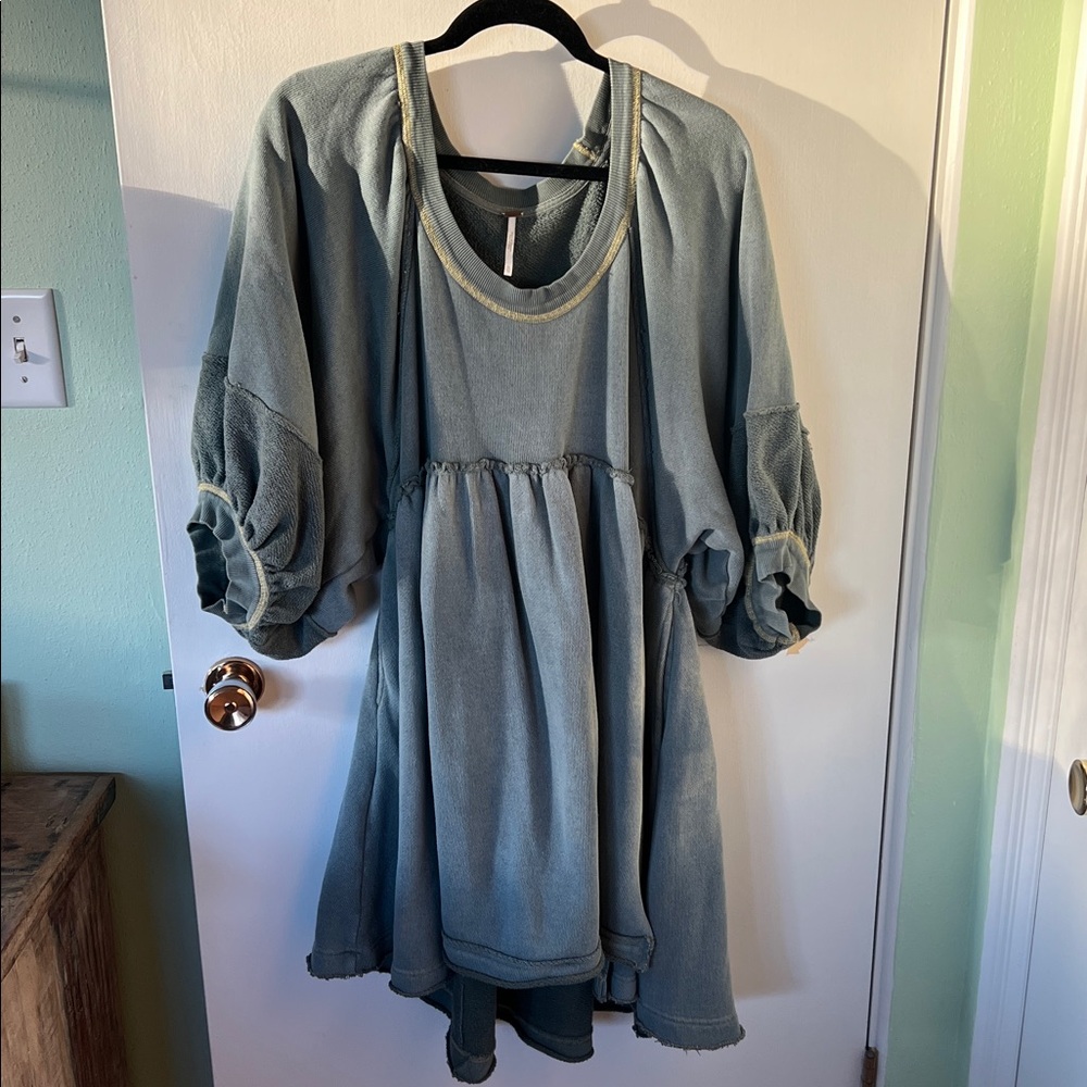 Free People Sunchild Mini Dress sage green w/ yellow stitching.  rare size XL